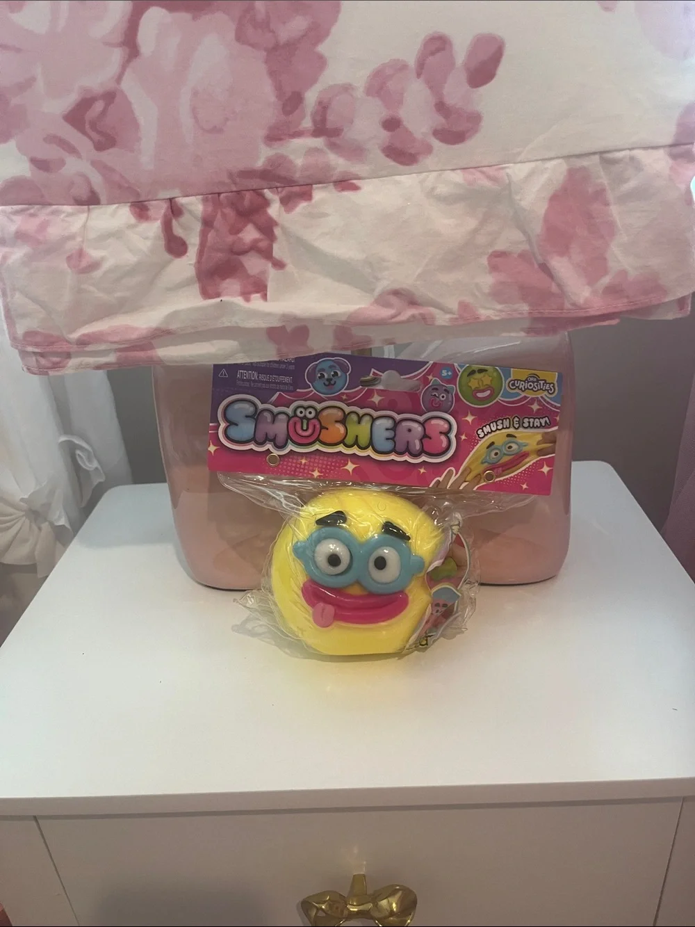 Smusher Yellow Smushers Emoji Squeeze Toy with Blue Eyes and Pink Mouth